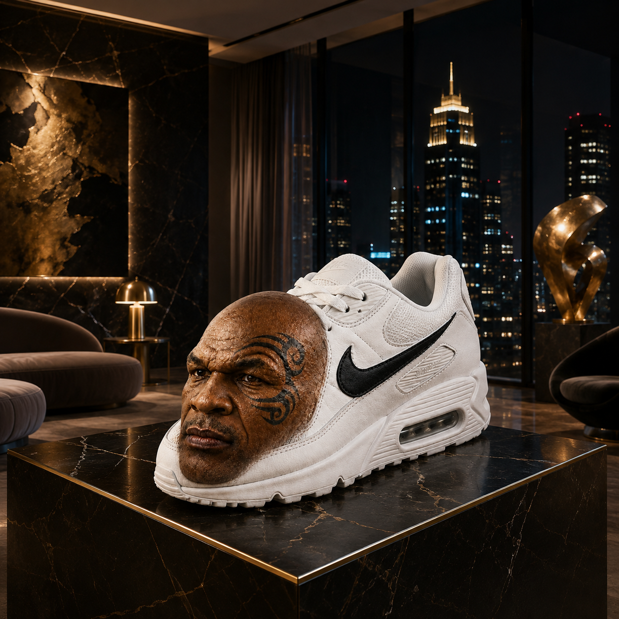 The sneaker displayed on a black marble pedestal in a penthouse overlooking a night skyline